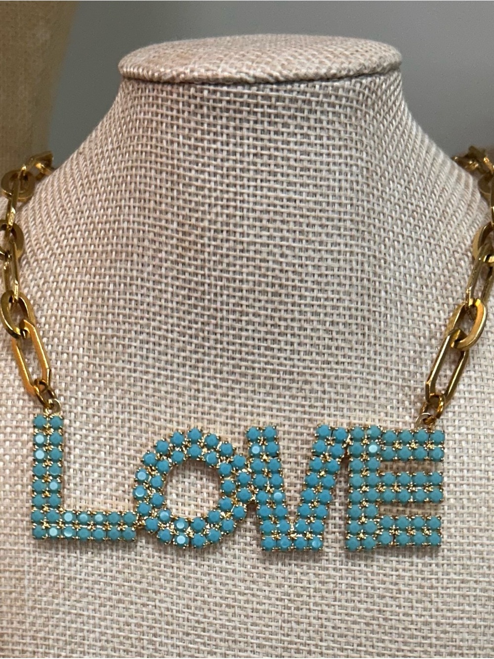 TOVA Gold Chain "LOVE" Pendant Necklace with Turquoise Stones